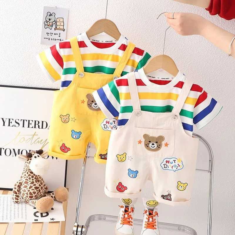 Clothing Sets New Summer Baby Girl Clothing Set Childrens and Boys Fashion Stripe T-shirt Set 2PCS/Set Childrens Casual Clothing Childrens Athletic Cl