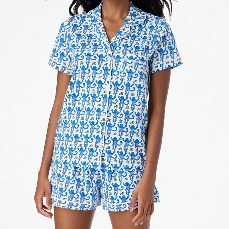 Easter Monkey Cartoon Pajamas Set Women y2k Clothes Single Breasted Short Sleeve Blouse Shirt Top Shorts 2 Piece Loungewear 240516