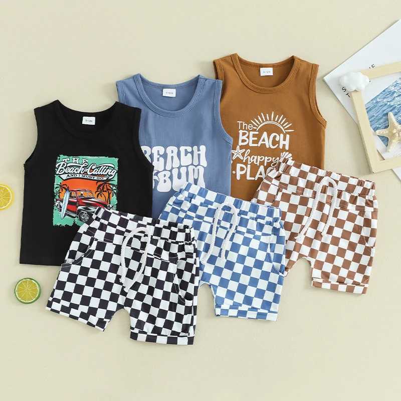 Clothing Sets Lioraitiin Preschool Boys Summer Set Letter Car Print Sleeveless Tank Top and Checkered Elastic Waist Shorts Set WX