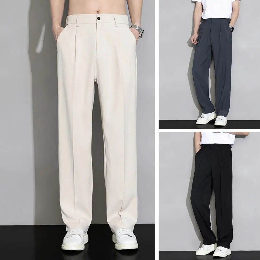 Men Pants Ice Silk Casual Long Pants Elastic Waist Buttons Fly Pockets Trousers Straight Wide Leg Draped Business Pants 240511