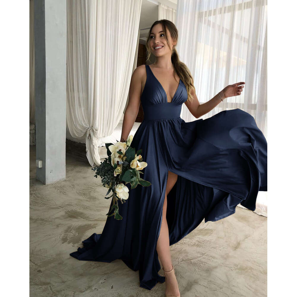 US Shipping Cozy Solid Neck Women Maxi Dress with Slit Sexy V Back Tank Sleeve Ruched Elastic Dresses for Female Party prom AMZ