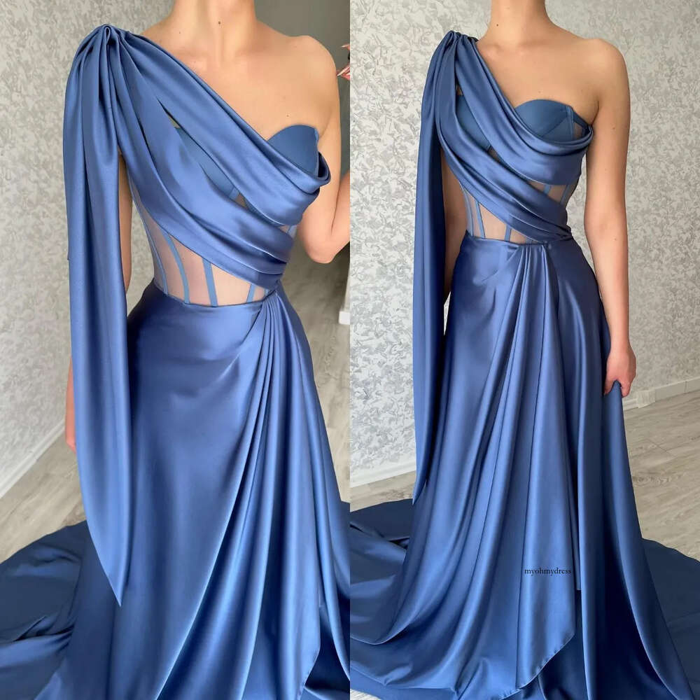 Glamourous Navy Blue Prom Dresses One Shoulder Satin Evening Gowns Bone Bodice Slit Formal Long Special Ocn Party Dress 0516