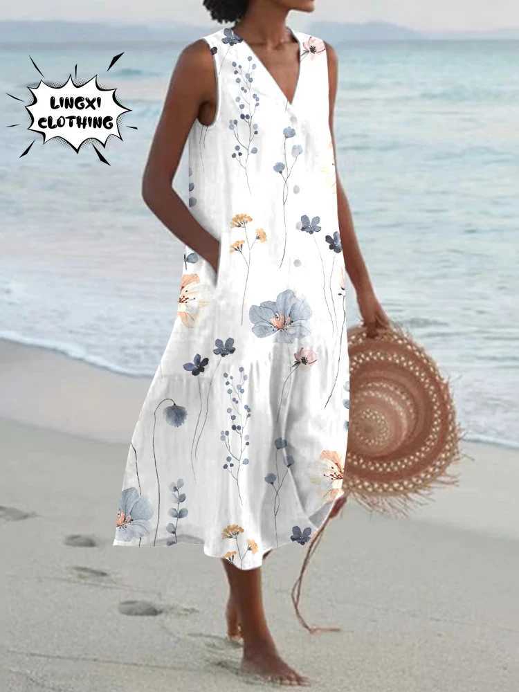 Basic Casual Dresses 2024 Summer Elegant Fashion V-Neck Loose Print Beach Resort Robe Party Style Dress Large Womens Long Dress White Dress Women Y240
