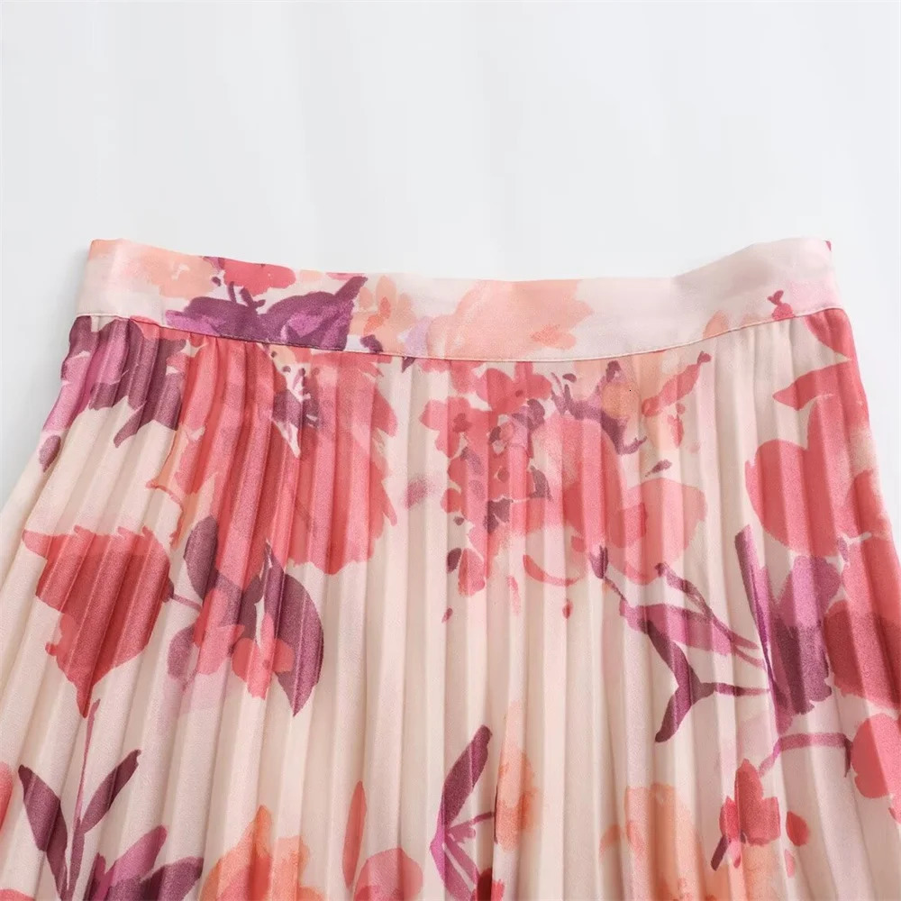 Zach Ailsa Spring Product Womens Polo Collar Flower Print Shirt Small Pleated Midi Skirt Fashion Set 240430