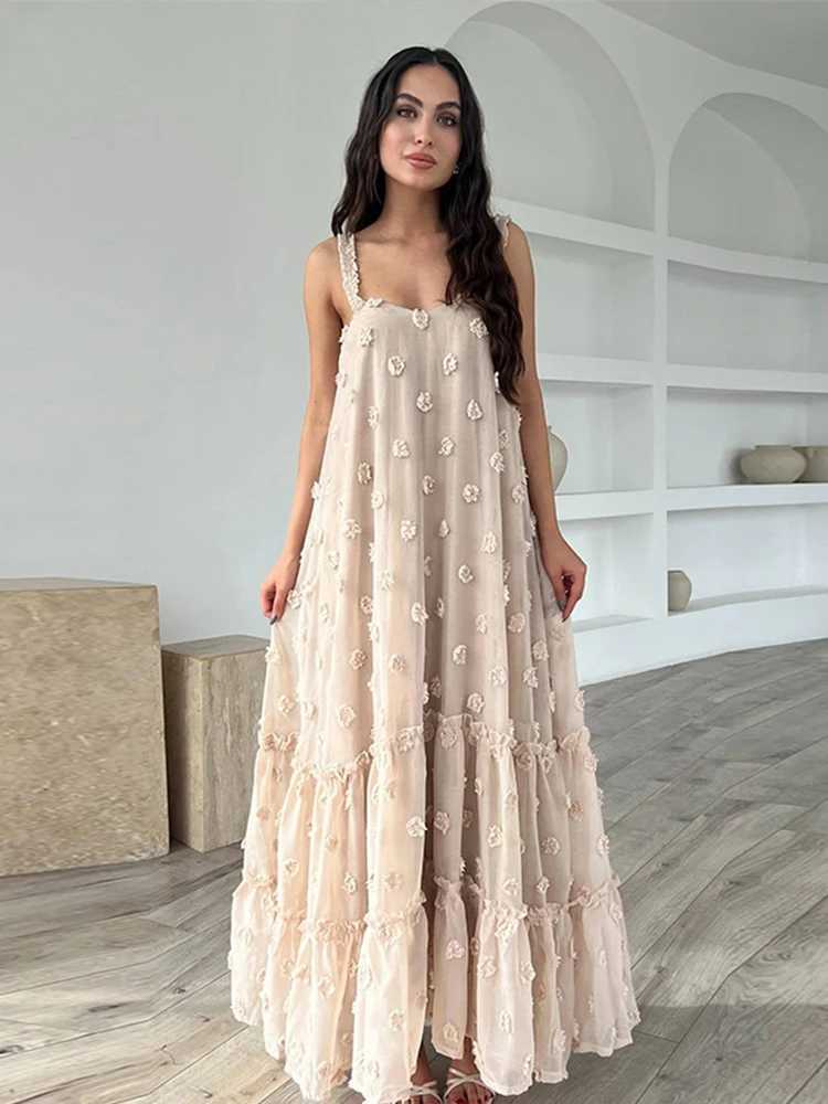 Basic Casual Dresses Elegant Loose Sling Long Dress Women Floral Ruffles Slveless Beach Dresses 2024 Spring Summer 3d Print Party Evening Lady Robe Y2