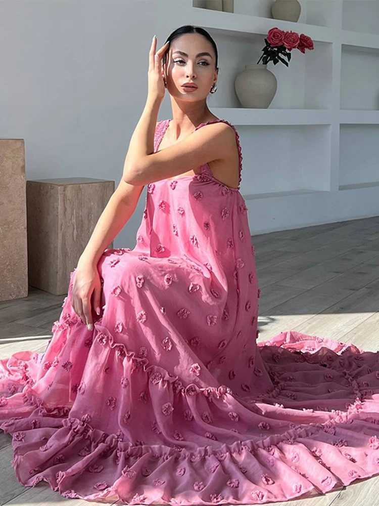 Basic Casual Dresses Elegant Loose Sling Long Dress Women Floral Ruffles Slveless Beach Dresses 2024 Spring Summer 3d Print Party Evening Lady Robe Y2
