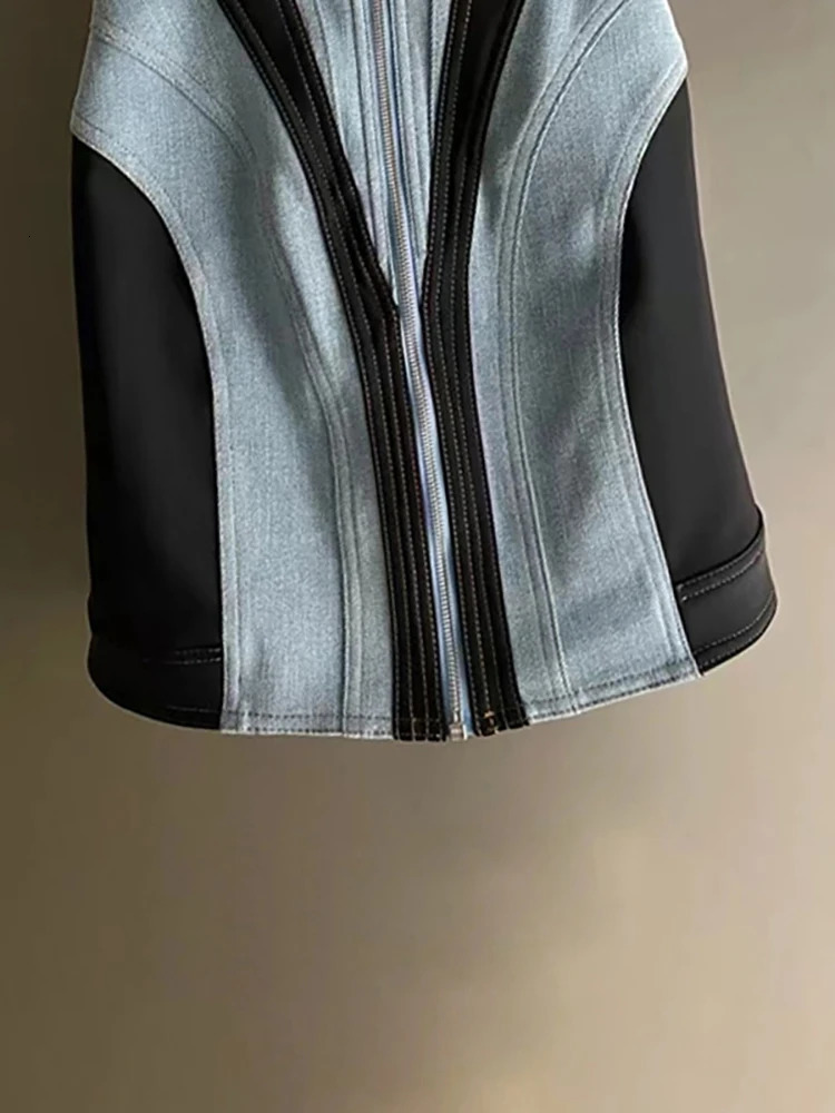DEAT Women Denim Dress Sleeveless High Waist Patchwork Zipper Contrast Color Slim Strap Dresses 2024 Summer Fashion 29L2908 240515