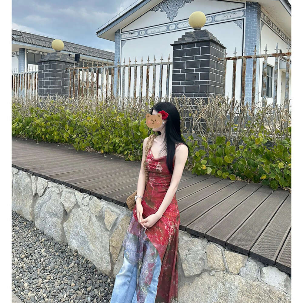 Red Floral Irregular Mesh Suspender Dress For Womens Summer New Niche Design Dress Beach Skirt