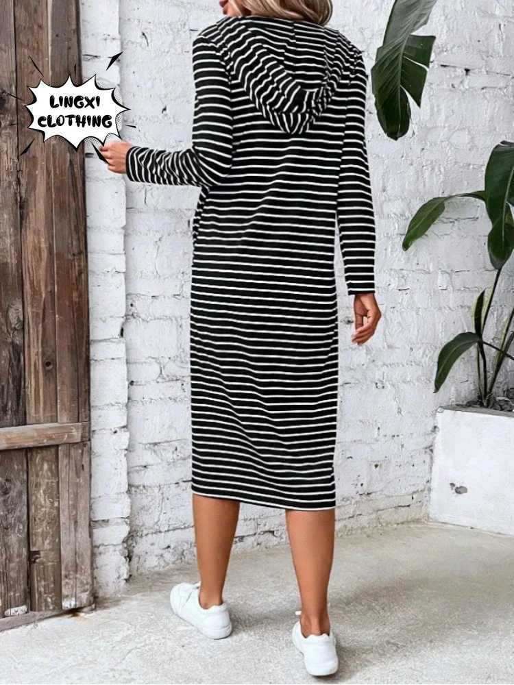 Basic Casual Dresses Winter New Womens Hooded Long Casual Sweater Long Dress Commuter Style Home Elastic Pocket Long Striped Sweater Y240515