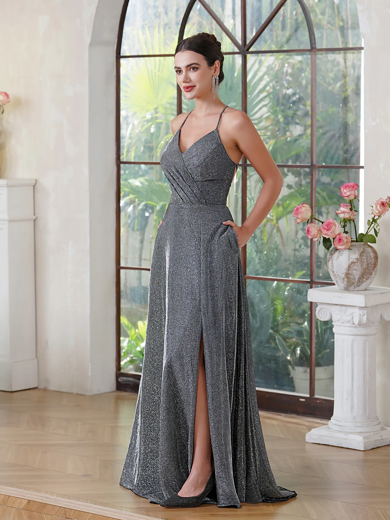 Sparkle Grey Mermaid Bridesmaid Dresses Elegant Sleeveless Pleats Front Split Maid Of Honor Gowns Satin Evening Prom Dress Bm3218 0618