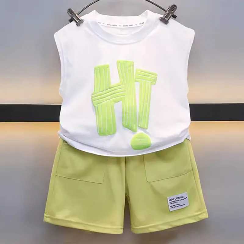 Clothing Sets 2-10Y childrens and boys sportswear summer vest+shorts 2PCS set Hi Letter green childrens track and field clothing childrens set baby A1