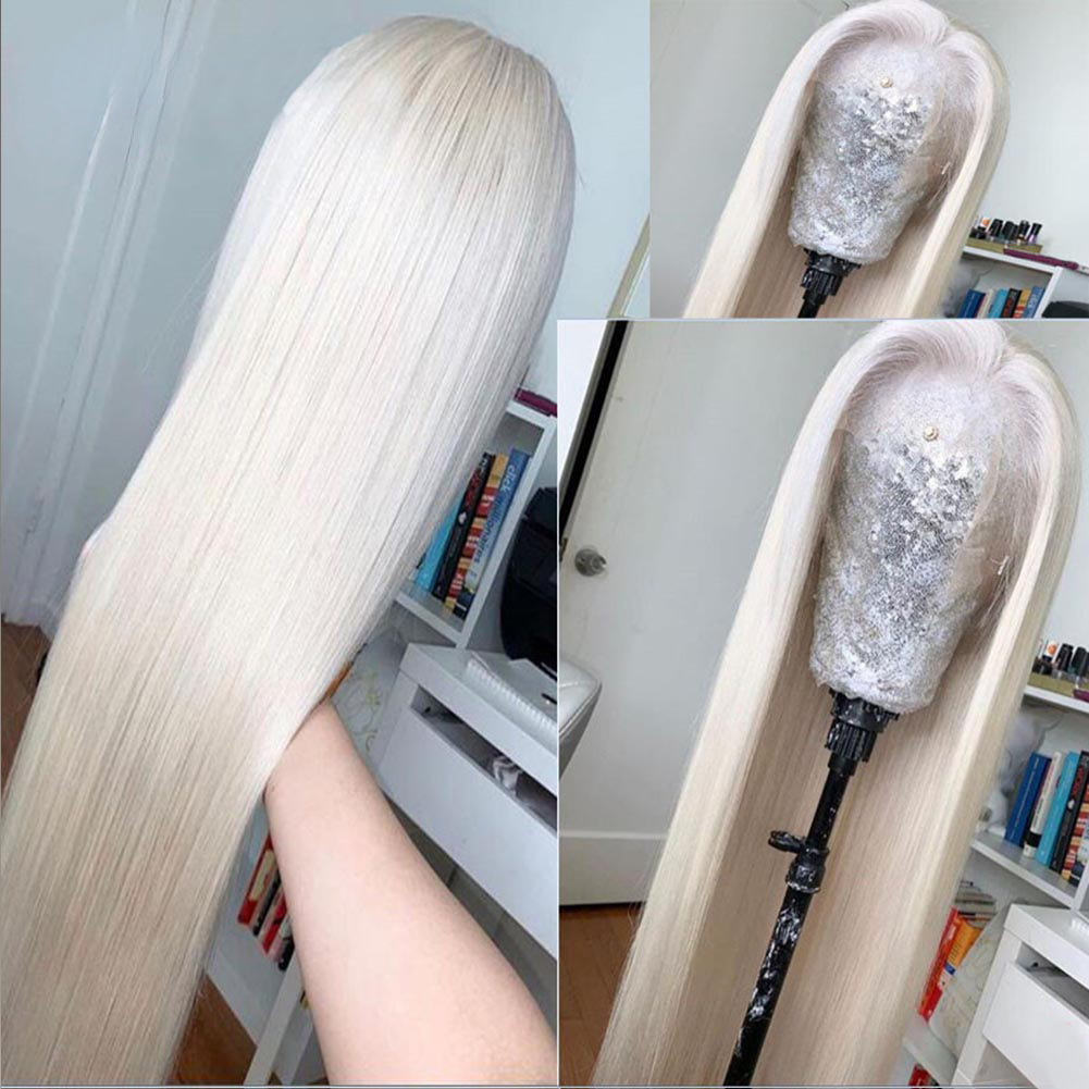 180 Density Platinum Blonde Human Hair White Straight Women HD Clear Synthetic Lace Front Wig 13X4