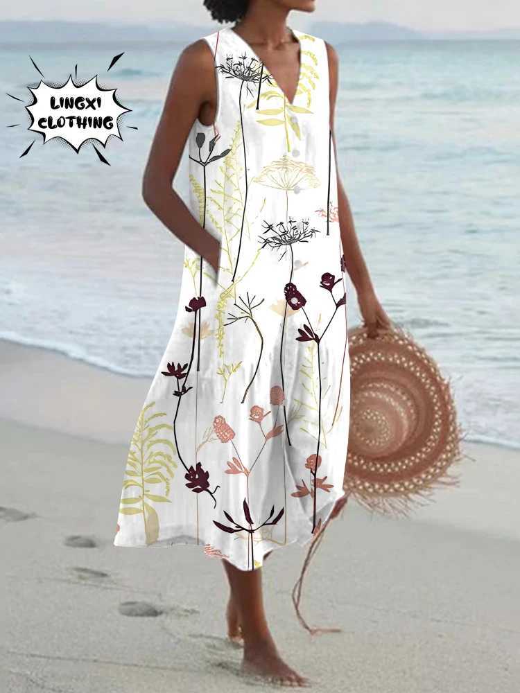 Basic Casual Dresses 2024 Summer Elegant Fashion V-Neck Loose Print Beach Resort Robe Party Style Dress Large Womens Long Dress White Dress Women Y240