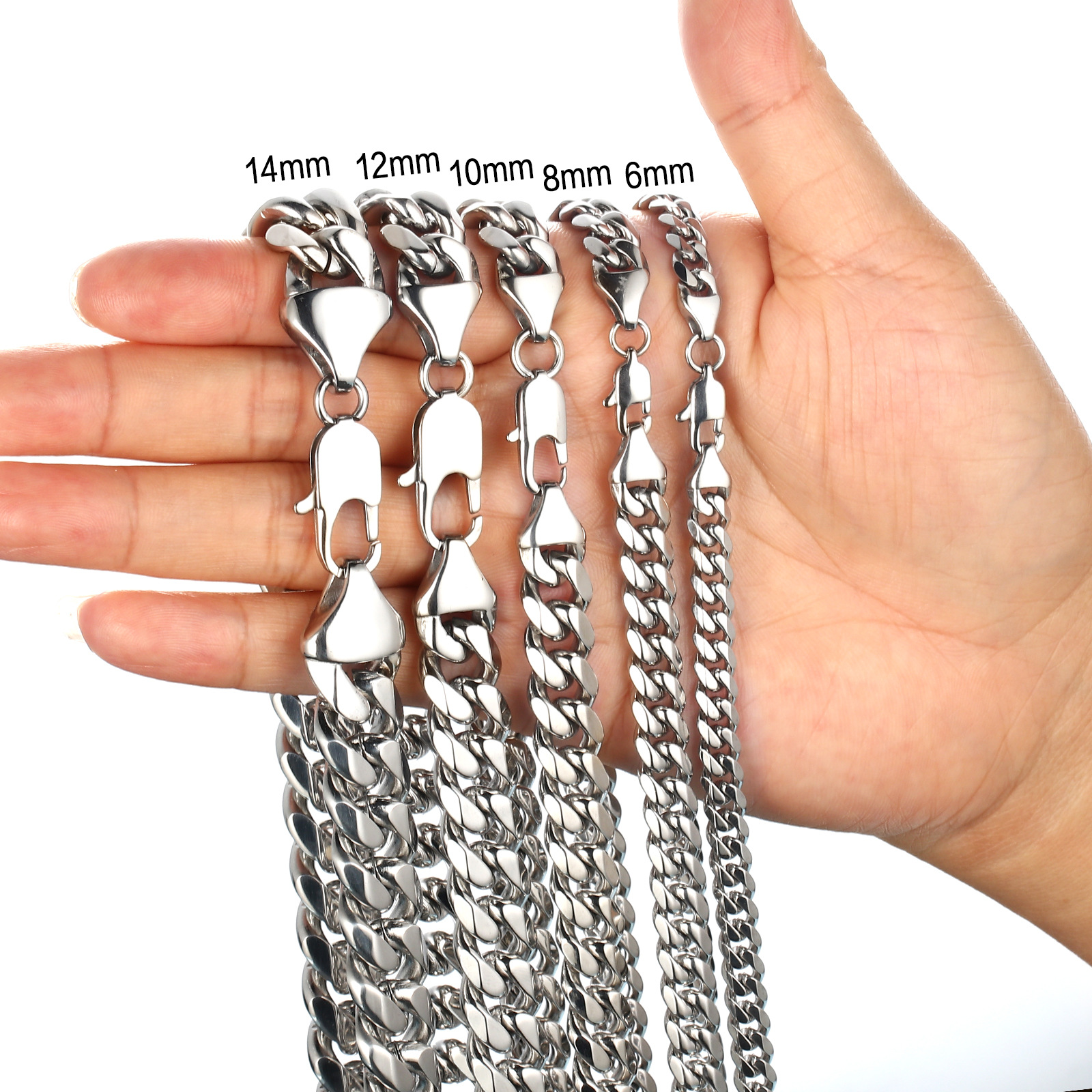 6mm-12mm Hip Hop Stainless Steel Cuban Link Chain Necklace Brcelet Sier Color Jewelry Set