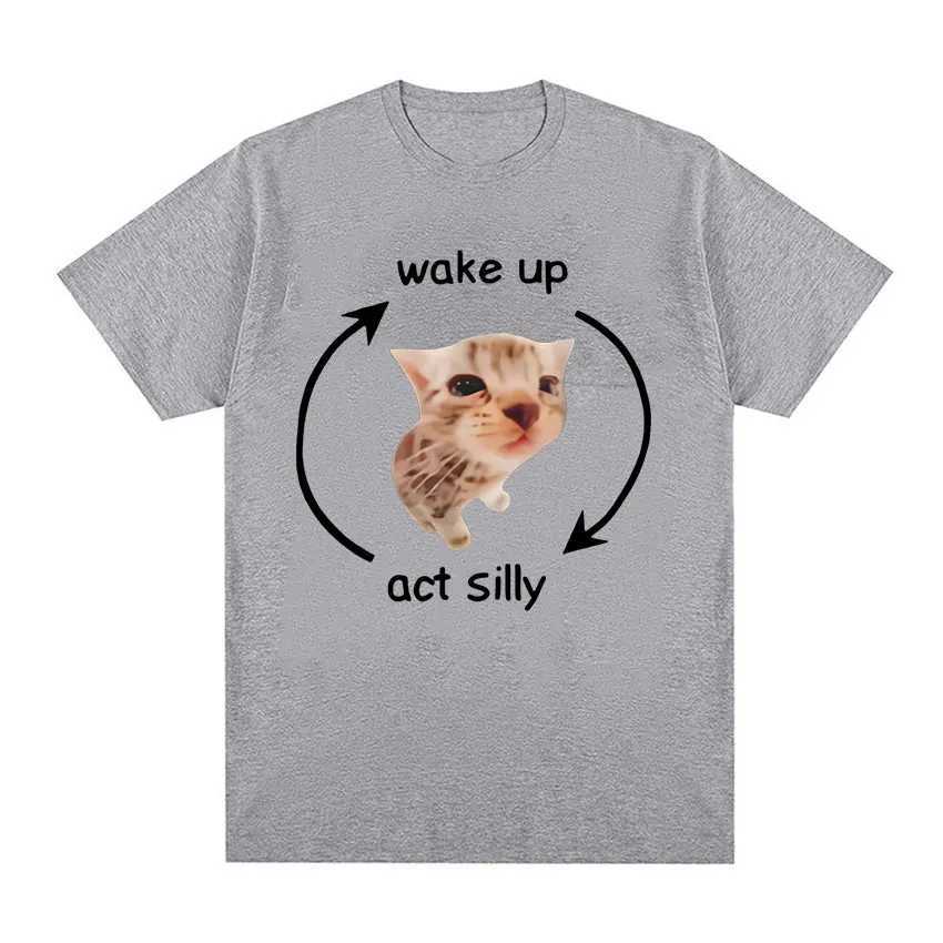 Men's T-Shirts Wake Up Act Silly Meme Graphic T Shirt Funny Cute Cat Print Short Slve T-shirt Men Women Casual 100% Cotton Oversized T Shirts T24