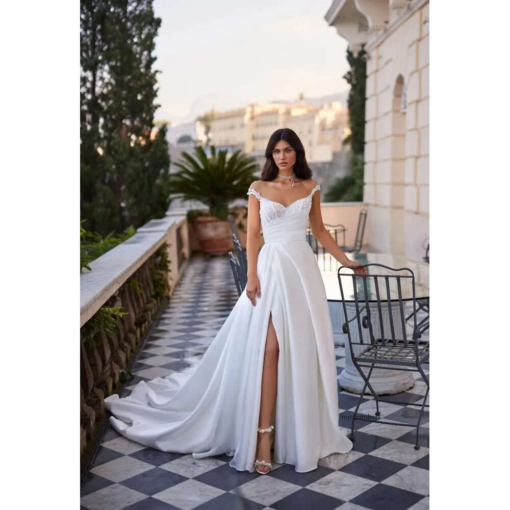 Modest Sheer Neck Cap Sleeve Wedding Dresses Beaded Thigh High Split Bridal Gown Pleat Satin A Line vestido de novia for Bride 0516