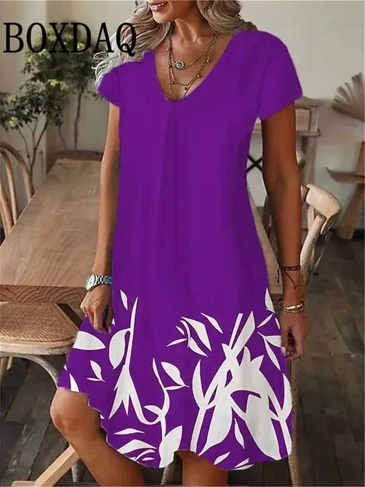 Basic Casual Dresses 2024 Casual Loose V-Neck Ladies Summer Dress Print Party Womens New Summer Pullover Short Slve Dress Fashion Plus-Size Dress Y240