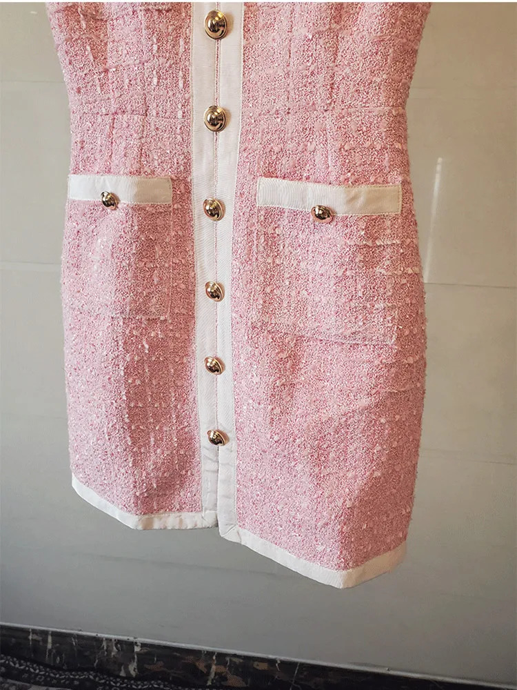 French little perfume sweet girl pink tweed dress womens sleeveless V-neck four pocket zipper gold button vest 240515