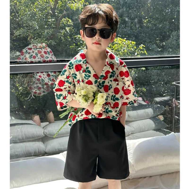 Clothing Sets 2-11T childrens and boys clothing floral pattern boy cotton shirt+short 2-piece clothing boy summer party birthday handsome clothing WX