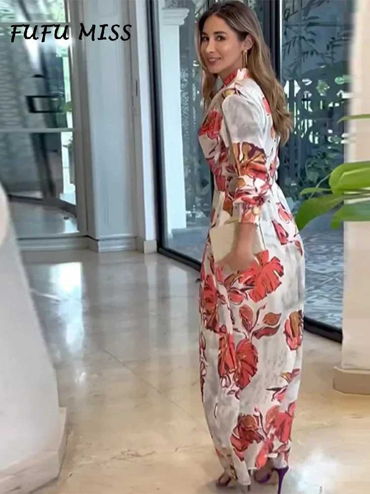 Basic Casual Dresses Women Print Dp V-neck Loose Long Dresses 2024 Female Fashion Spring Summer Full Slves Belt Big Swing Beach Party Lady Robe Y24051