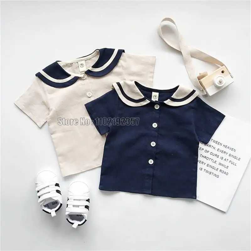Clothing Sets Navy style childrens sailor collar cotton linen T-shirt+pants 2-piece summer clothing set for boys and girls WX