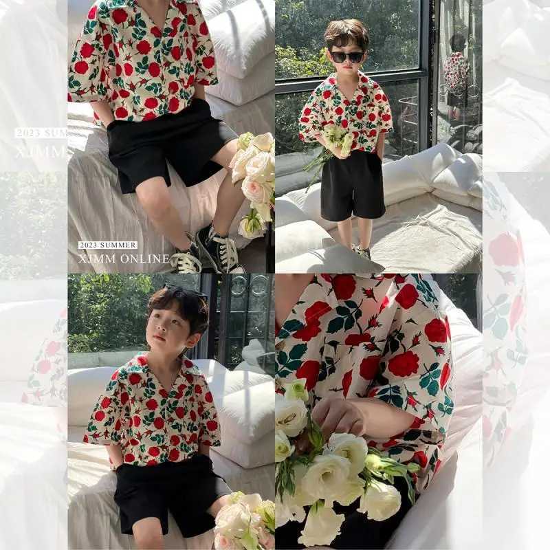 Clothing Sets 2-11T childrens and boys clothing floral pattern boy cotton shirt+short 2-piece clothing boy summer party birthday handsome clothing WX