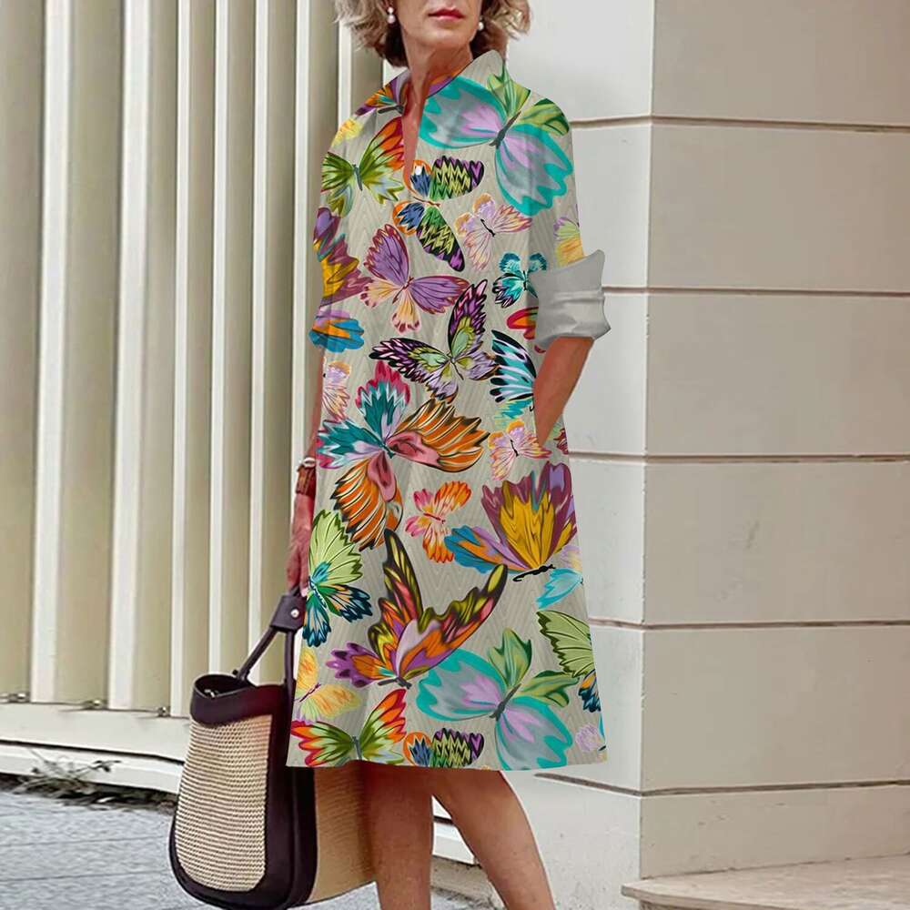 Autumn Winter New Hot Selling Womens Long Sleeved Polo Neck Shirt 3D Digital Flower Print Temperament Dress