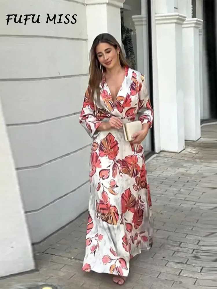 Basic Casual Dresses Women Print Dp V-neck Loose Long Dresses 2024 Female Fashion Spring Summer Full Slves Belt Big Swing Beach Party Lady Robe Y24051