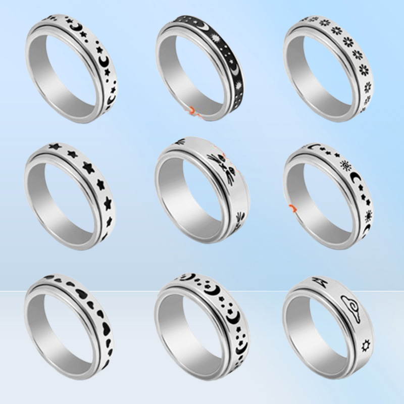 Fashion Rotatable Spinner Stainless Steel Rings Moon Sun Cat Star Flower Heart Cloud Jewelry For Women Men Mix Style Party Gifts W