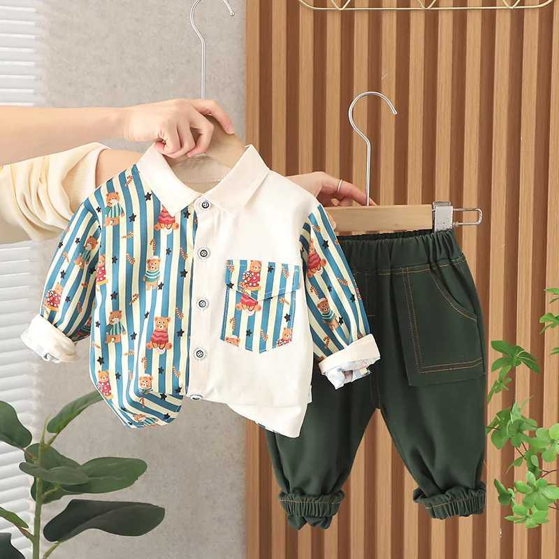 Clothing Sets New Spring Childrens Clothing Childrens Cotton Sports Full Print Striped Shirt and Pants 2 pieces/set Childrens and Boys Casual Set 1 2 
