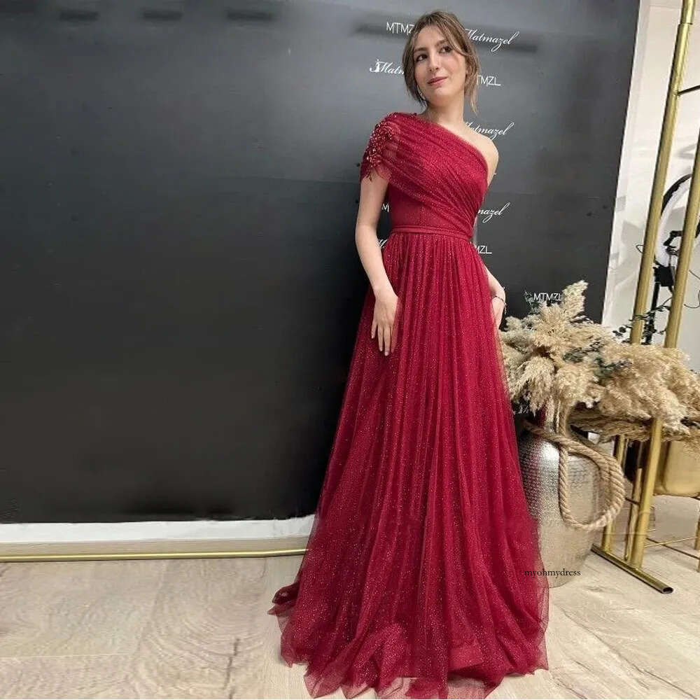 Shiny Bury Evening Dresses One Shoulder Beaded Pleats A Line High Slit Party Prom Gowns for Special Ocns 0516