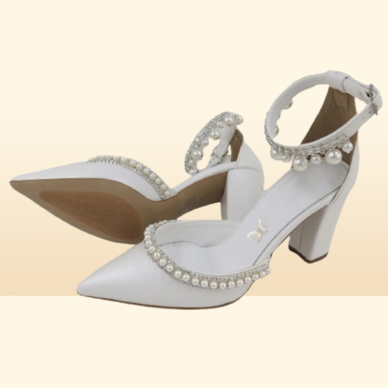 White Silk Satin Wedding Shoes Pointed Toe Elegant Pearls Sparkle Crystals Beaded Women Pumps Chunky High Heel Bridal Shoes CL0333