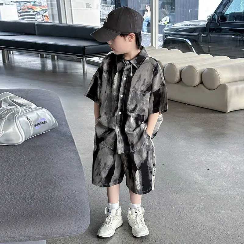 Clothing Sets Boys fashion summer Tye die short sleeved shirt+pants 2-piece set for 4-14 year old childrens trend street clothing set for childrens cl