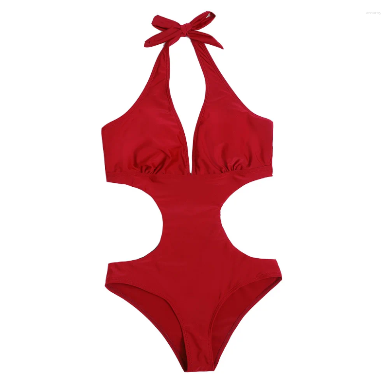 Womens Swimwear Sexy Cut Out Trikini Swimsuit For Women 2024 Solid Deep V Halter Backless One Piece Monokini Bathing Suit