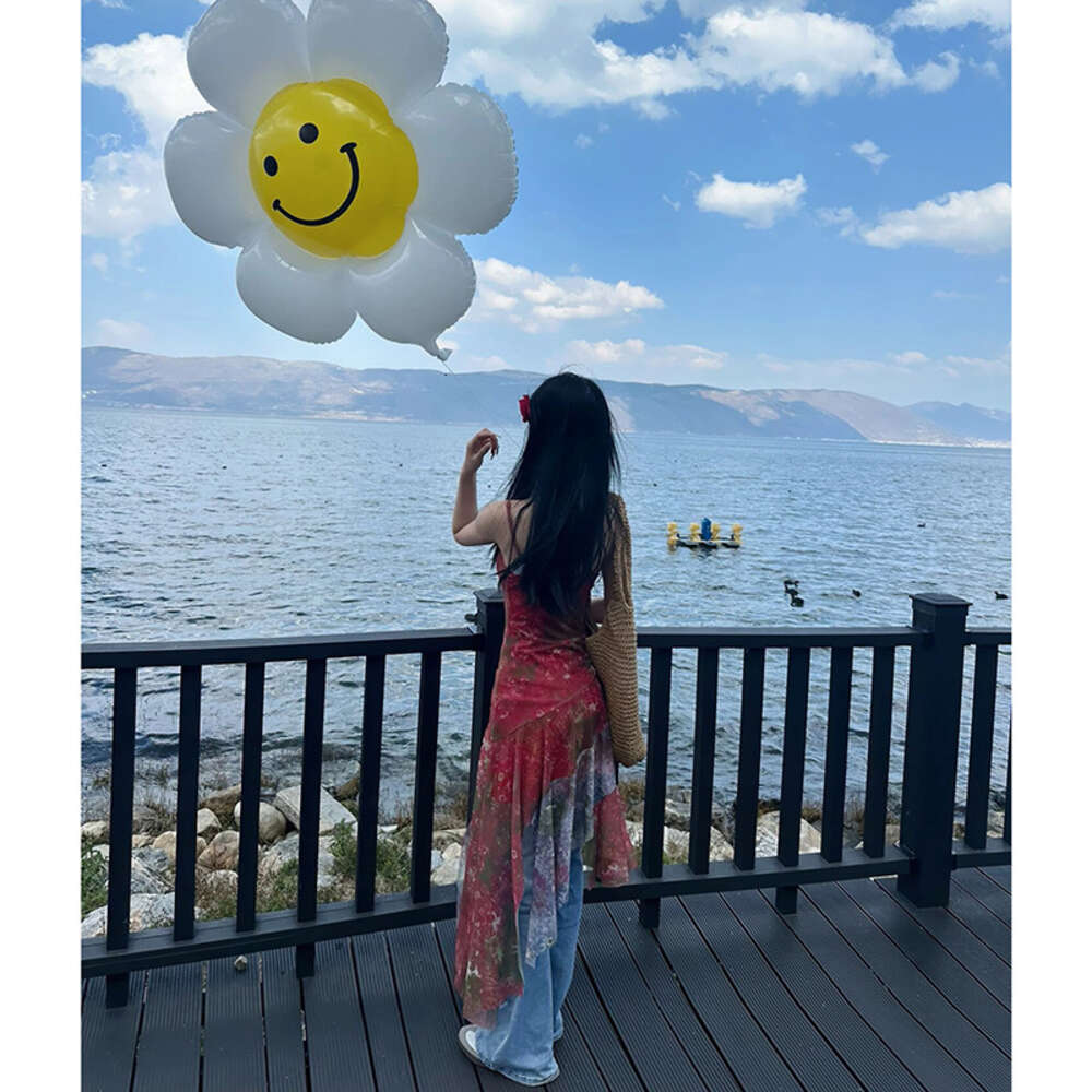 Red Floral Irregular Mesh Suspender Dress For Womens Summer New Niche Design Dress Beach Skirt