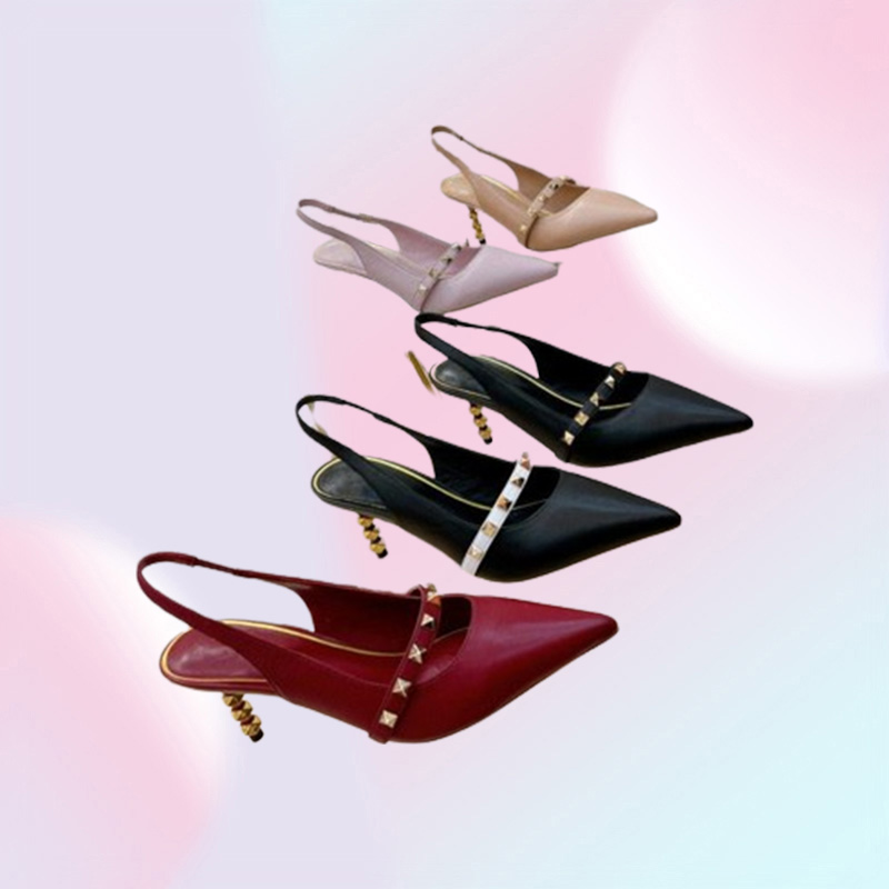 New Slingback Dress Shoes with sculpted heel 70mm studs women high heels Rivets genuine leather pointed toe woman Pumps