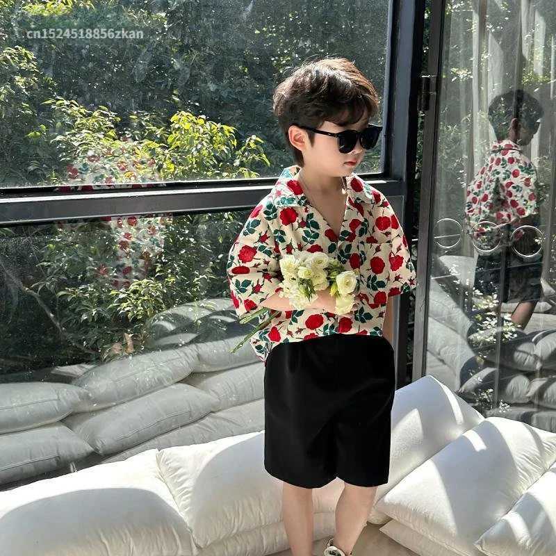 Clothing Sets 2-11T childrens and boys clothing floral pattern boy cotton shirt+short 2-piece clothing boy summer party birthday handsome clothing WX