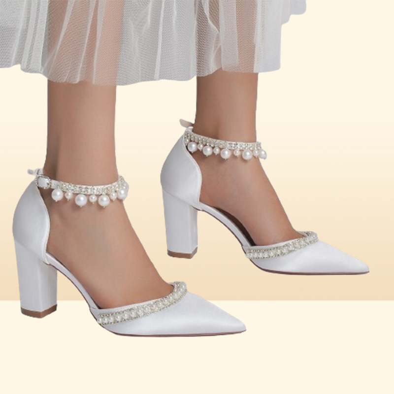 White Silk Satin Wedding Shoes Pointed Toe Elegant Pearls Sparkle Crystals Beaded Women Pumps Chunky High Heel Bridal Shoes CL0333