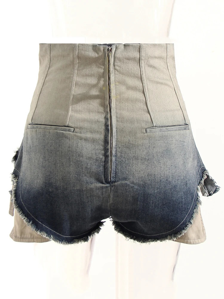 DEAT Womens Denim Shorts Patchwork Pocket High Waist Gradient Burr Edge Back Zipper Short Jeans 2024 Summer Fashion 17A6662 240515