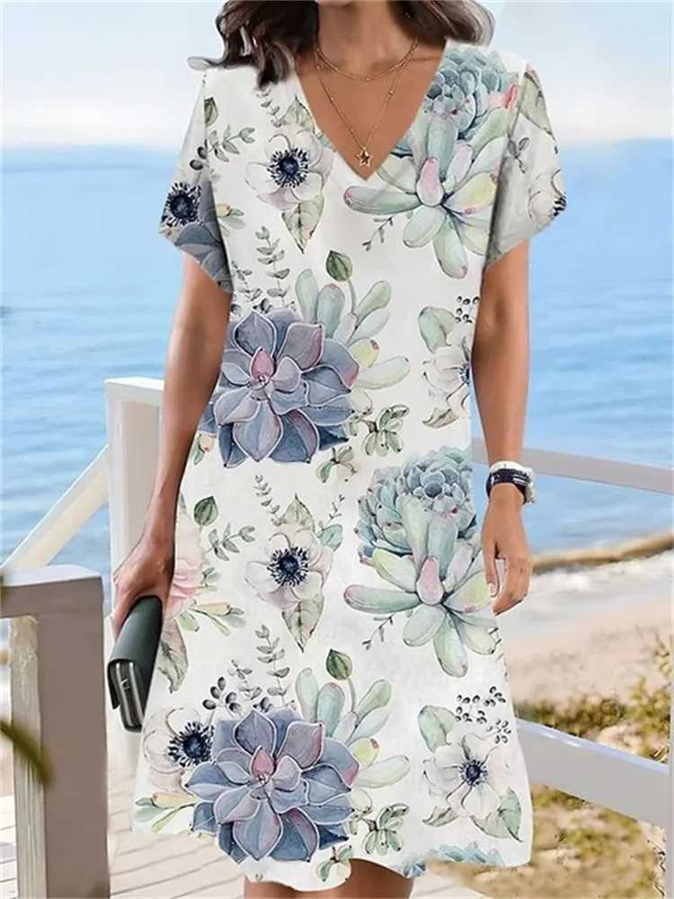 Basic Casual Dresses 2023 New Summer Vintage Dresses For Women Clothing Casual Loose V-Neck Flower Print Dress Pullovers Short Slve Oversized Dress Y2