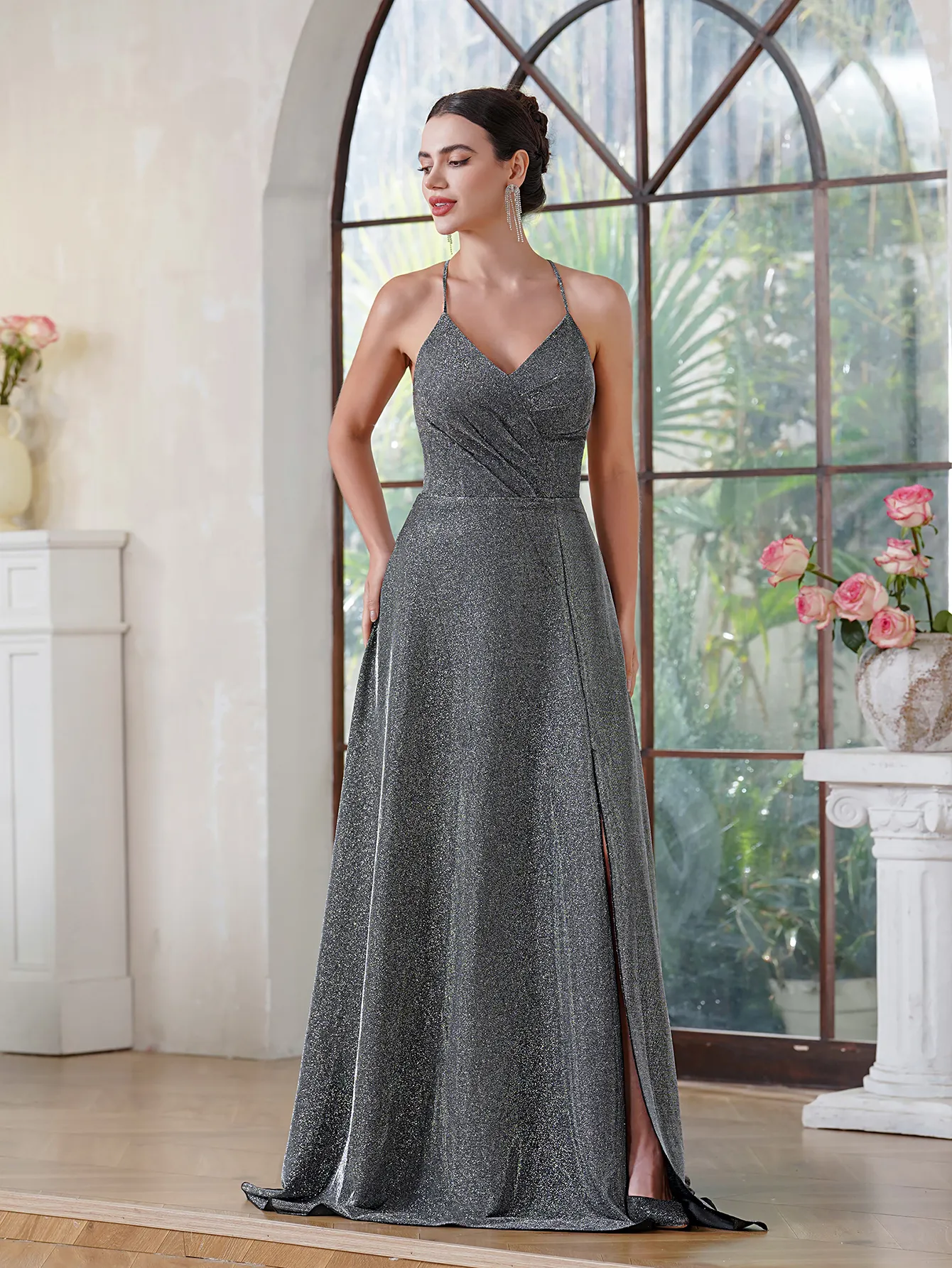 Sparkle Grey Mermaid Bridesmaid Dresses Elegant Sleeveless Pleats Front Split Maid Of Honor Gowns Satin Evening Prom Dress Bm3218 0618