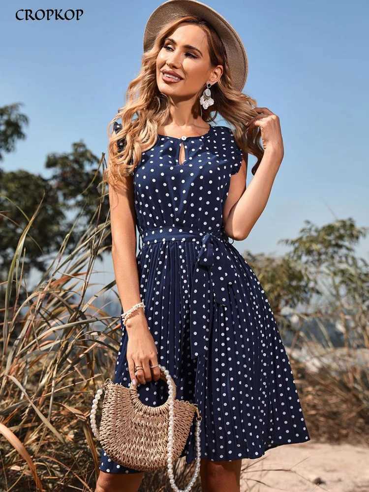 Basic Casual Dresses Summer Polka Dot Dress Women Sexy Bandage A-line Midi Beach Sundress Button Casual Blue Short Slve Pleated Party Dresses 2023 Y24