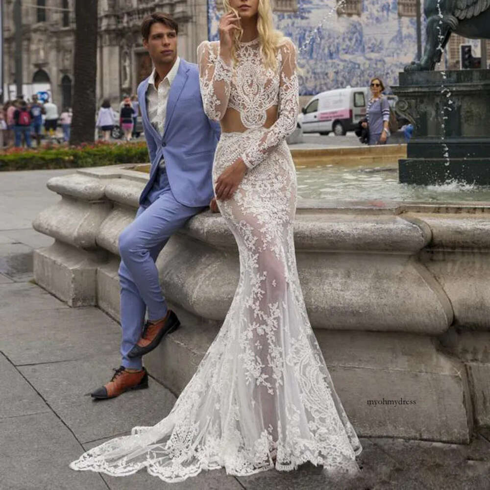 Sexy Illusion Beach Mermaid Dresses Jewel Neck Long Sleeve See Through Back Lace Appliques Gown Fishtail Wedding Dress 0516