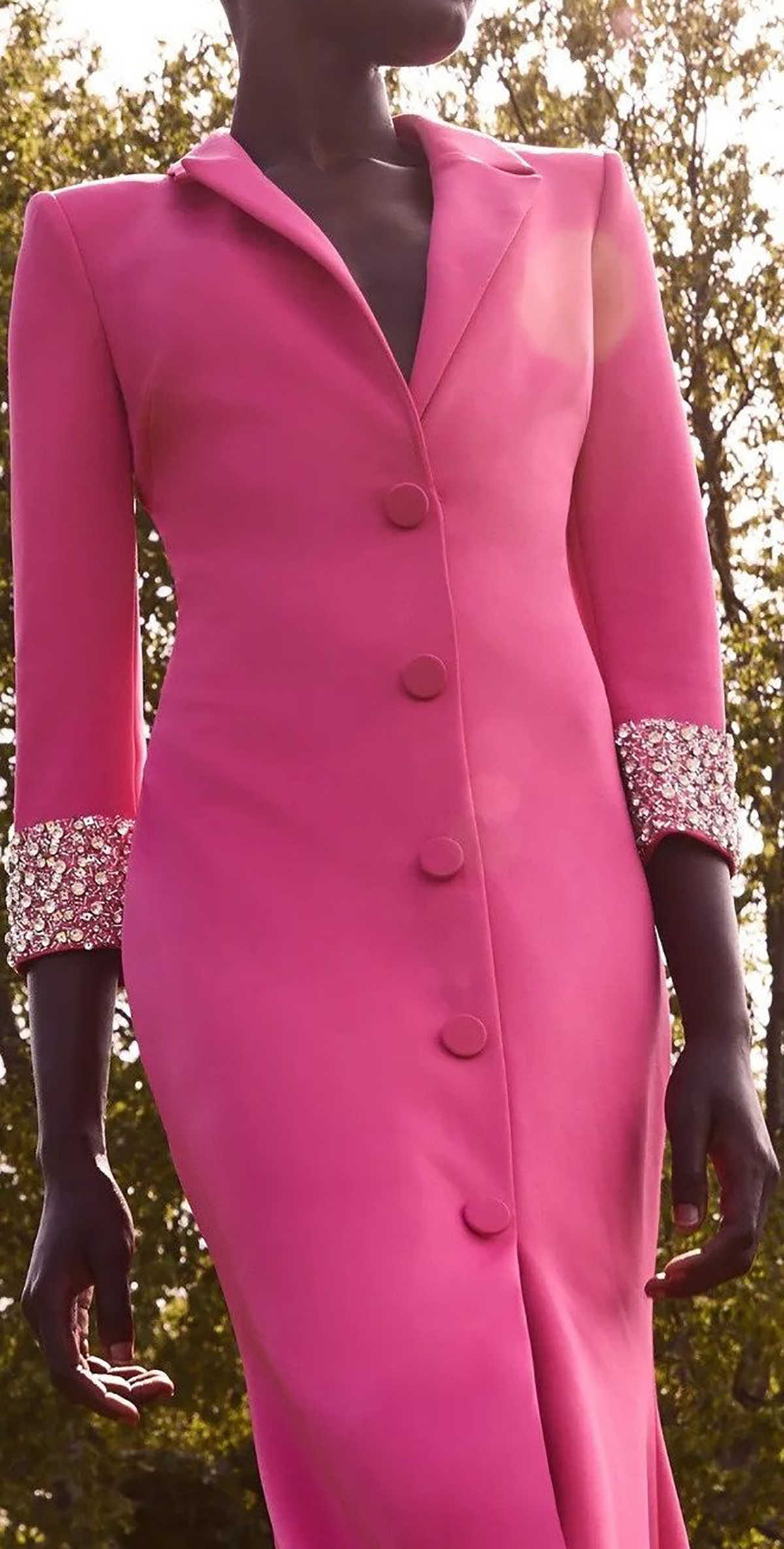 Hot Pink Women Long Jacket Crystal Beading Custom Made Slim Fit Long Sleeve Mother Of Bride Blazer Graduation Ceremony Attire Wear