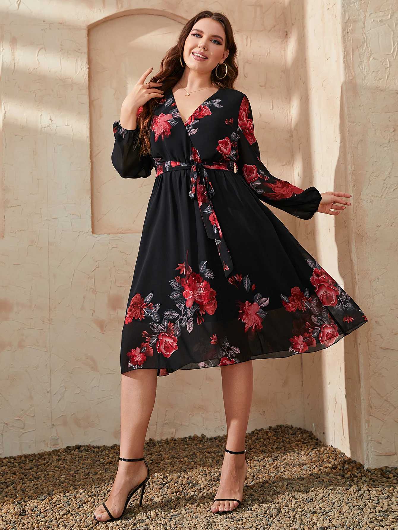 Basic Casual Dresses Chic Plus Size Floral Print V Neck Midi Belted Dress Women Casual Clothing Black Long Slve Party Elegant Vintage Dresses Y240515