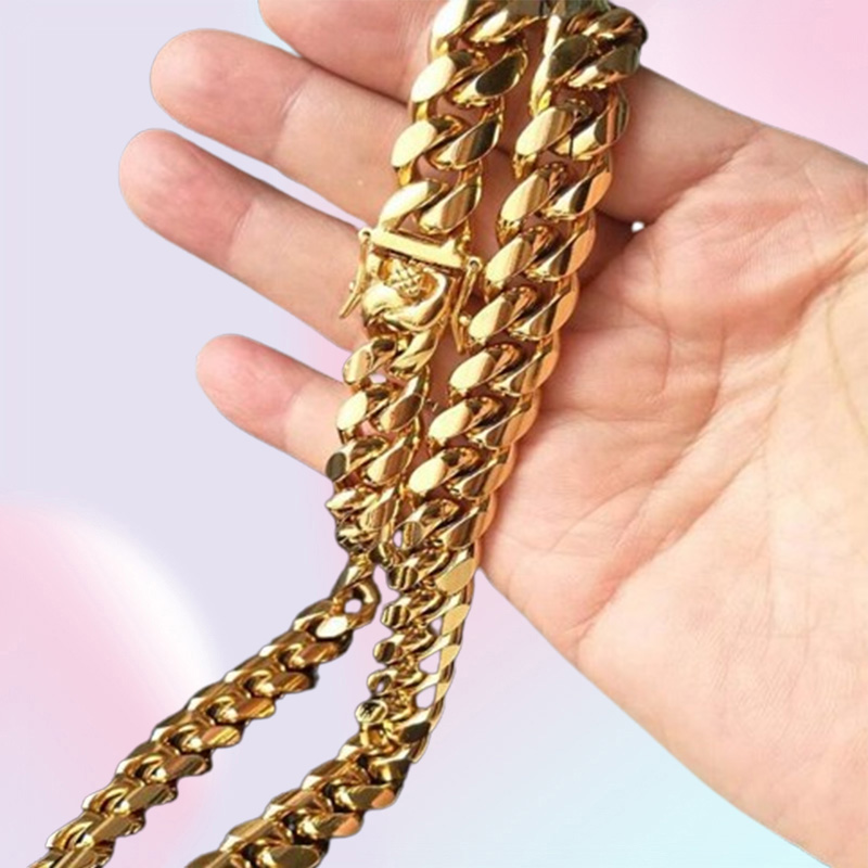 fine 18K Gold Plated chain jewelry Stainless Steel High Polished Miami Cuban Link Necklace Men Punk 15mm Curb Double Safety Clasp