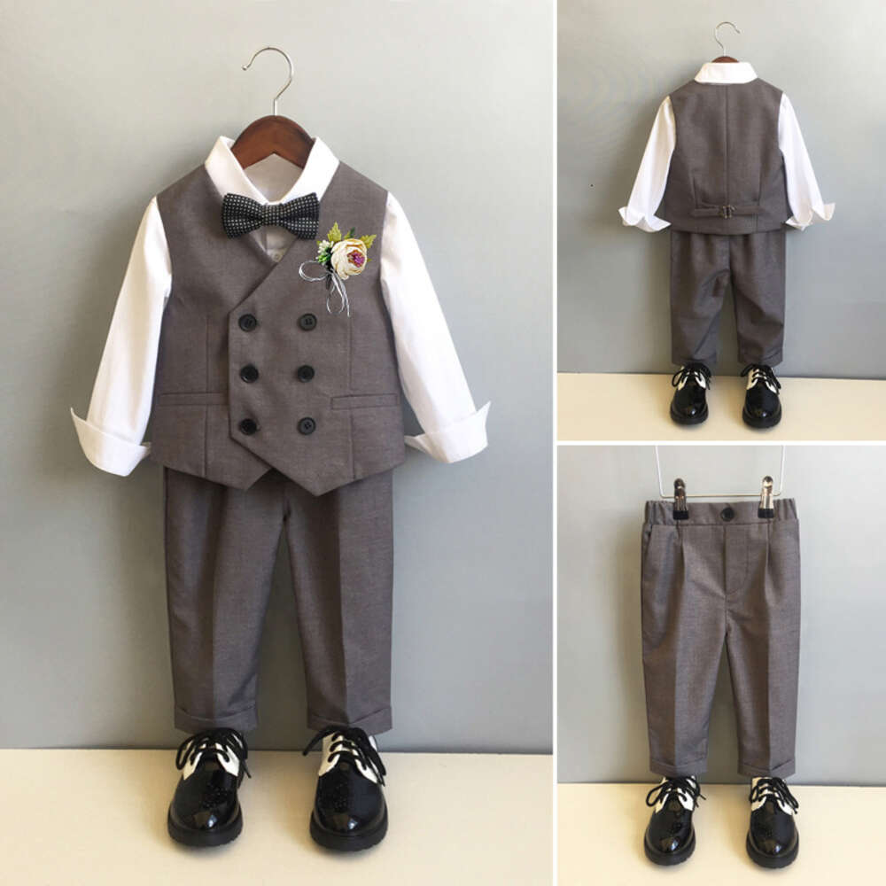 Children Formal Vest Flower Boys Wedding Dress Prince Kid 1 Year Birhtday Photograph Suit Toddler Performance Party Costume