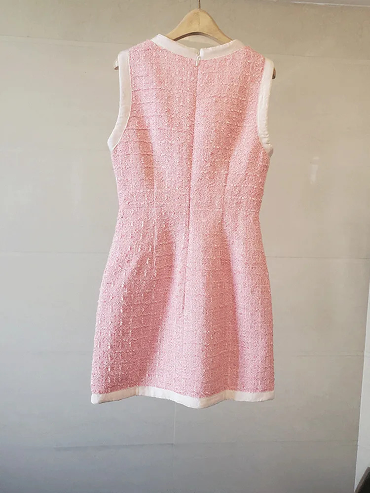 French little perfume sweet girl pink tweed dress womens sleeveless V-neck four pocket zipper gold button vest 240515