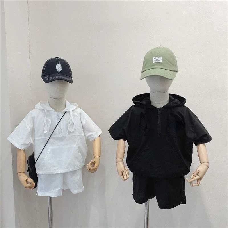 Clothing Sets Boys Summer Set 2024 New Short sleeved Korean Childrens Baby Comfortable Hooded Two piece Fashion Toddler Boys Clothing WX