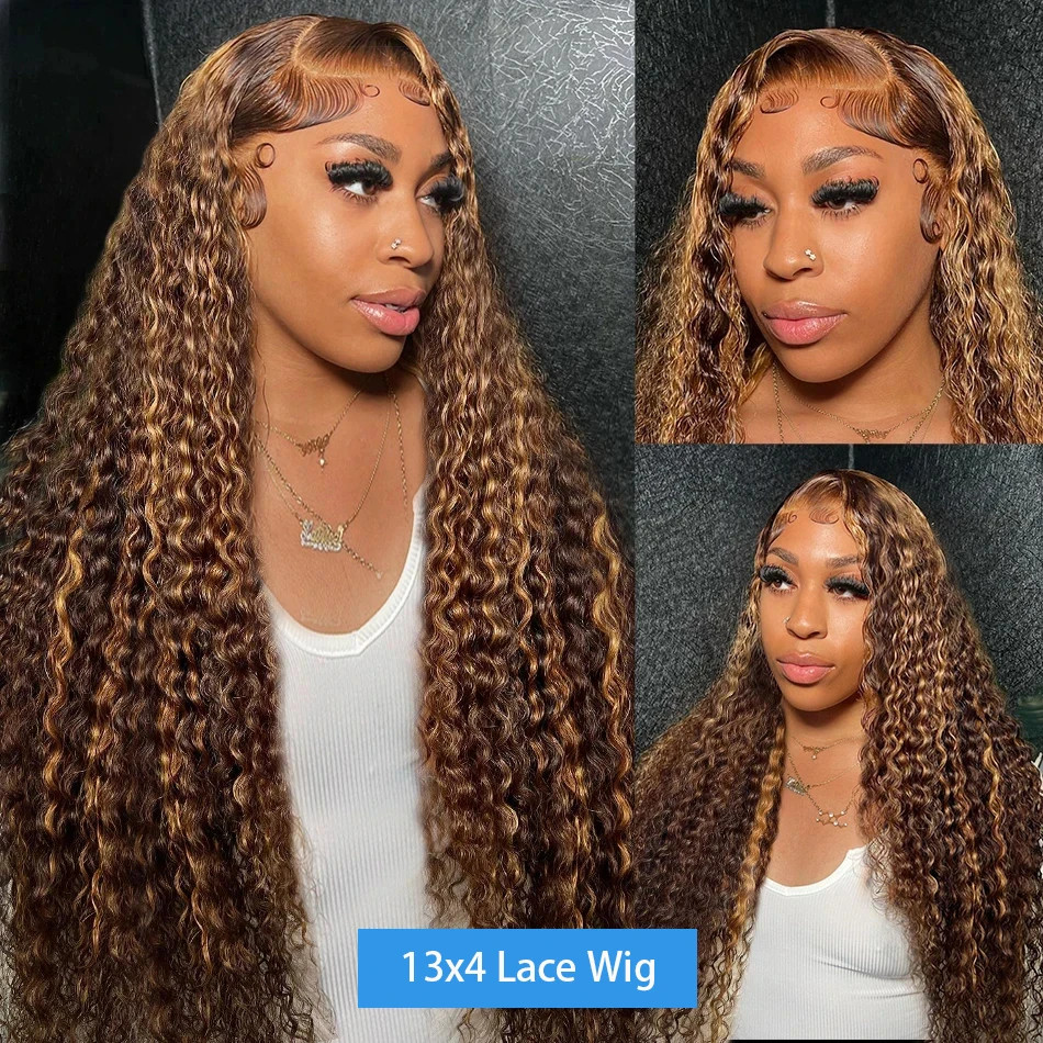 13x4 Glueless Highlight Lace Frontal Wig Deep Curly Human Hair Wigs Colored Transparent Water Wave Honey Blonde Lace Front Wig